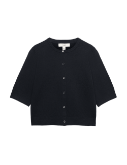 Air-Yarn Button Front Short Sleeve Cropped Cardigan