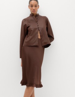 Satin Ruffle Hem Midi Slip Skirt