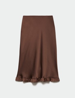 Satin Ruffle Hem Midi Slip Skirt