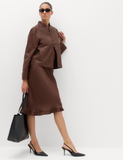 Satin Ruffle Hem Midi Slip Skirt