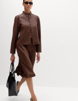 Satin Ruffle Hem Midi Slip Skirt