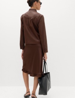 Satin Ruffle Hem Midi Slip Skirt