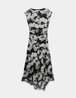 Mesh Floral Ruched Midi Waisted Dress