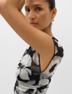 Mesh Floral Ruched Midi Waisted Dress