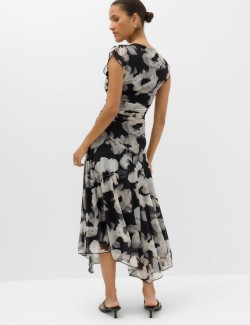 Mesh Floral Ruched Midi Waisted Dress