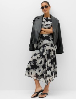 Mesh Floral Ruched Midi Waisted Dress