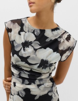 Mesh Floral Ruched Midi Waisted Dress