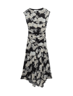 Mesh Floral Ruched Midi Waisted Dress