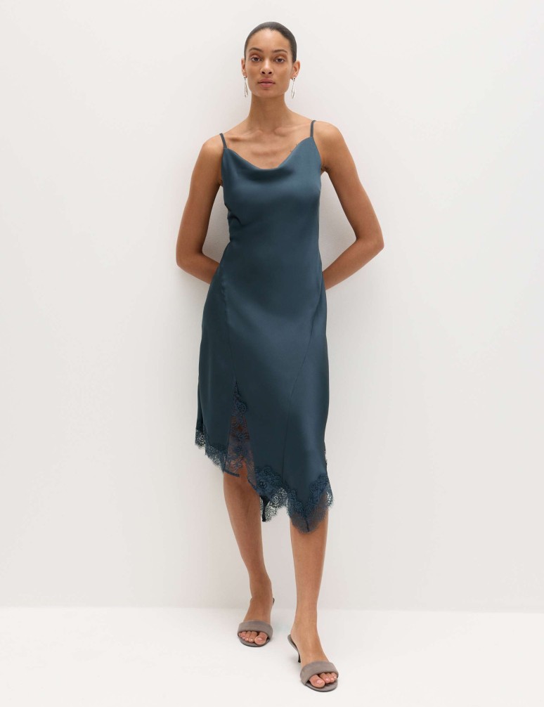 Satin Cowl Neck Lace Trim Midi Slip Dress