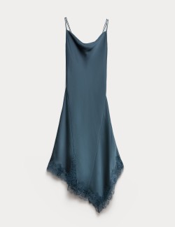 Satin Cowl Neck Lace Trim Midi Slip Dress