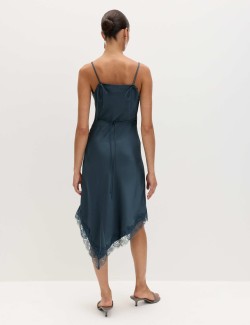 Satin Cowl Neck Lace Trim Midi Slip Dress