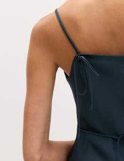 Satin Cowl Neck Lace Trim Midi Slip Dress