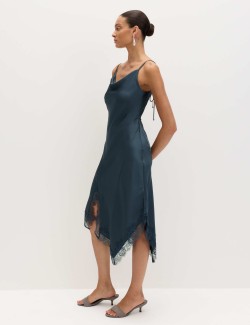 Satin Cowl Neck Lace Trim Midi Slip Dress
