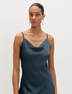 Satin Cowl Neck Lace Trim Midi Slip Dress