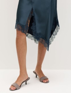 Satin Cowl Neck Lace Trim Midi Slip Dress
