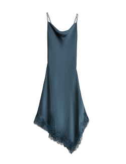 Satin Cowl Neck Lace Trim Midi Slip Dress