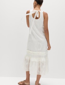 Lyocell Rich Broderie Midi Tiered Dress