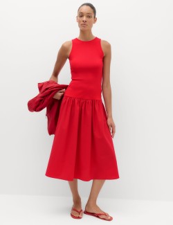 Jersey Ribbed Midi Drop Waist Dress