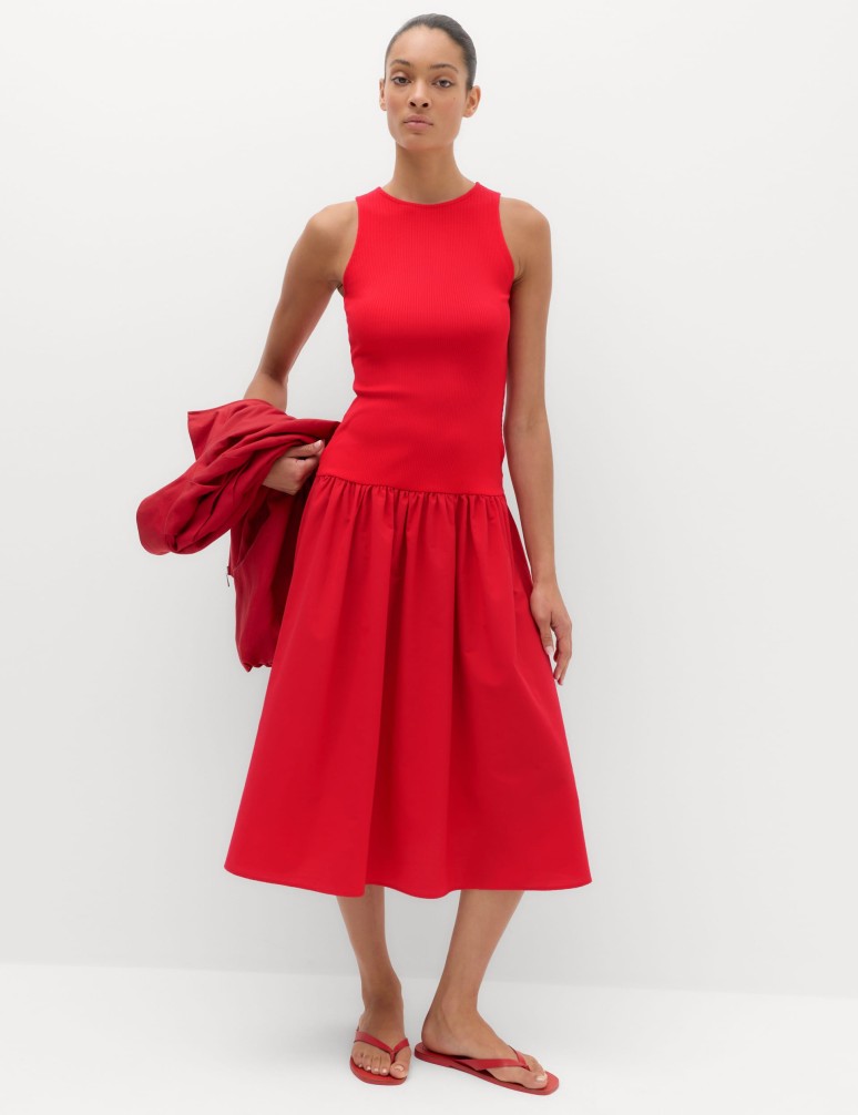 Jersey Ribbed Midi Drop Waist Dress