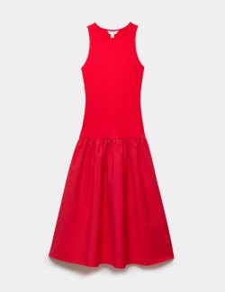 Jersey Ribbed Midi Drop Waist Dress