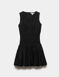 Pure Cotton Round Neck Shirred Mini Dress