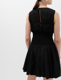 Pure Cotton Round Neck Shirred Mini Dress