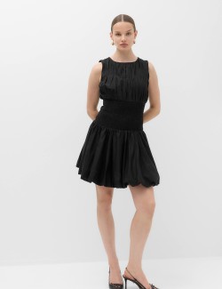 Pure Cotton Round Neck Shirred Mini Dress