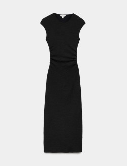 Textured Round Neck Midi Skater Dress