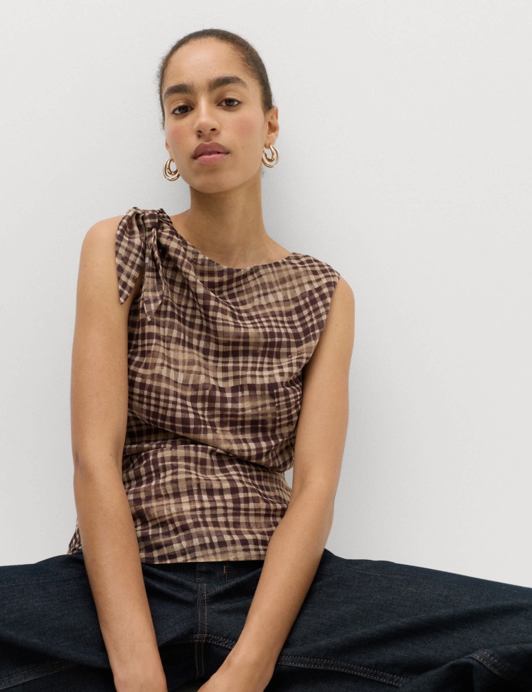Checked Asymmetric Tie Detail Top