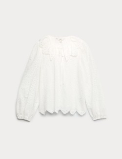 Pure Cotton Broderie Tie Front Blouse