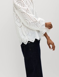 Pure Cotton Broderie Tie Front Blouse