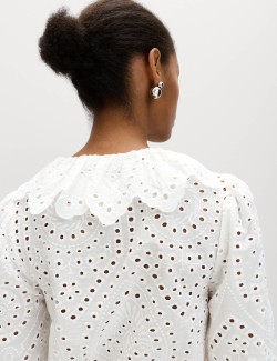 Pure Cotton Broderie Tie Front Blouse