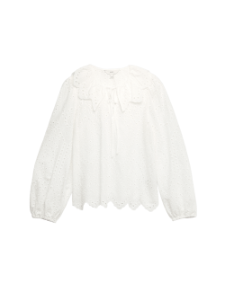 Pure Cotton Broderie Tie Front Blouse