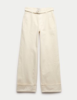 Pure Cotton Belted Wide Leg Turn Up Jeans