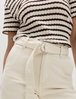 Pure Cotton Belted Wide Leg Turn Up Jeans