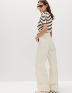 Pure Cotton Belted Wide Leg Turn Up Jeans