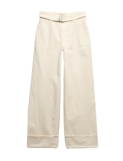 Pure Cotton Belted Wide Leg Turn Up Jeans