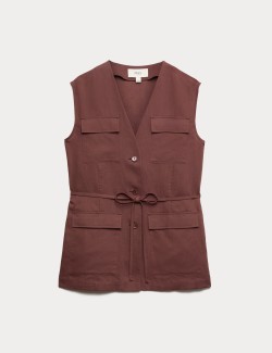 Belted Utility Longline Waistcoat with Linen