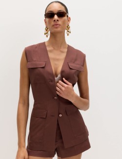 Belted Utility Longline Waistcoat with Linen