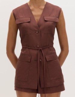 Belted Utility Longline Waistcoat with Linen