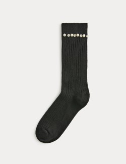 Embellished Ribbed Ankle High Socks with Wool