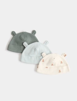 Kids' 3 Pack Pure Cotton Hats with Ears (0-1 Yrs)