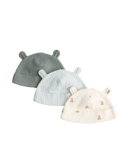 Kids' 3 Pack Pure Cotton Hats with Ears (0-1 Yrs)