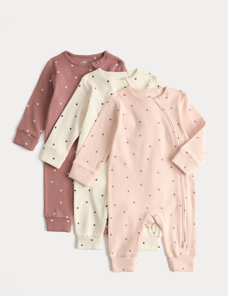 3 Pack Cotton Rich Heart Sleepsuits (7lbs-3 Yrs)