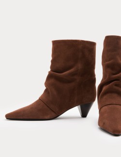 Suede Slouchy Cone Heel Pointed Ankle Boots