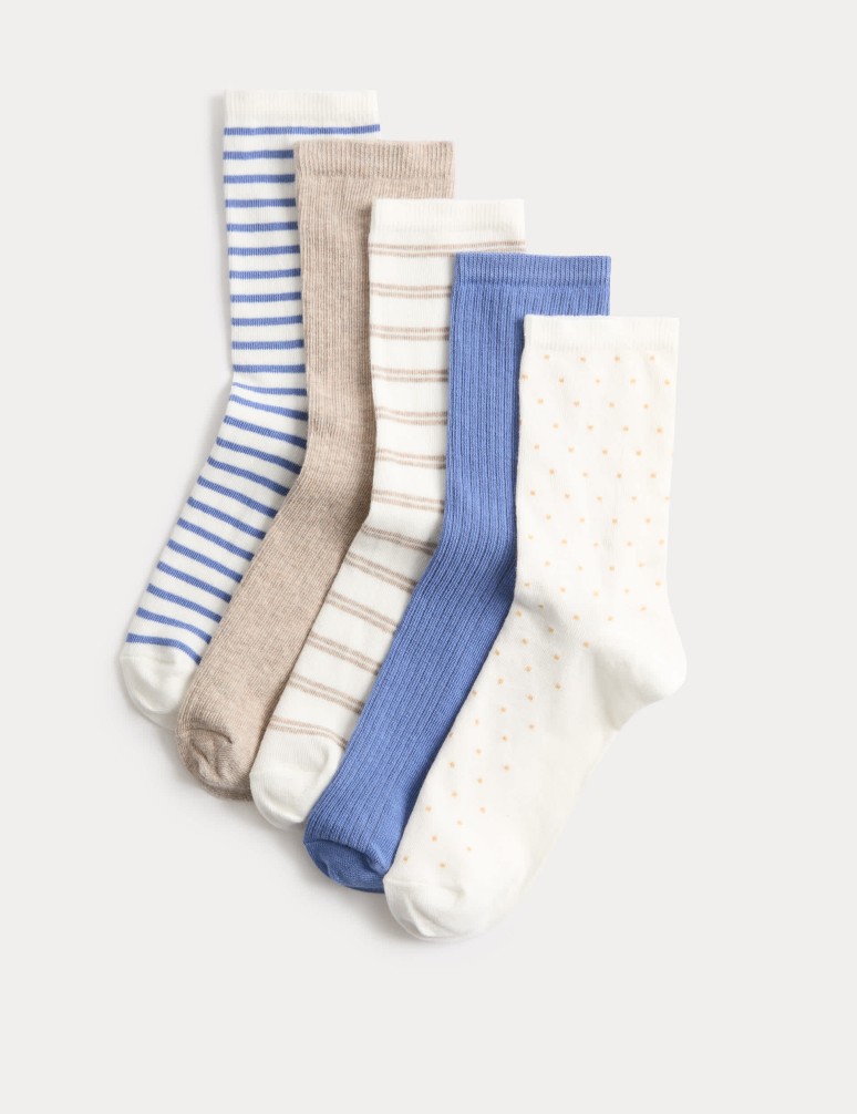5 Pack Cotton Rich Spot & Striped Crew Socks