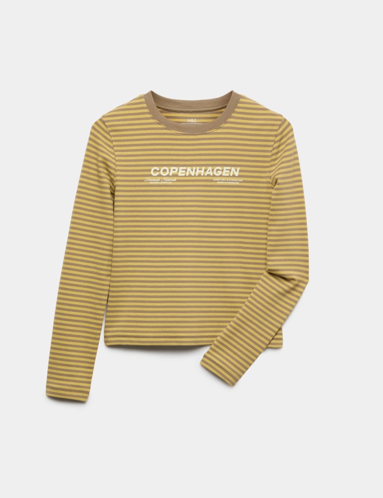 Cotton Rich Striped Slogan Top (6-16 Yrs)