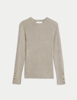 Ribbed Crew Neck Button Detail Jumper