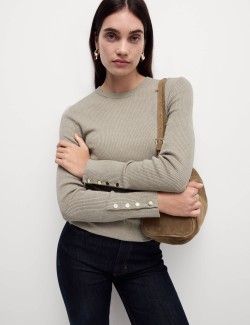 Ribbed Crew Neck Button Detail Jumper