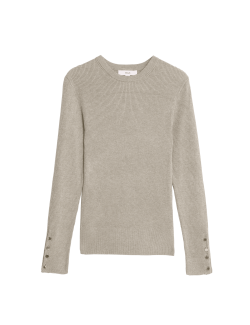 Ribbed Crew Neck Button Detail Jumper